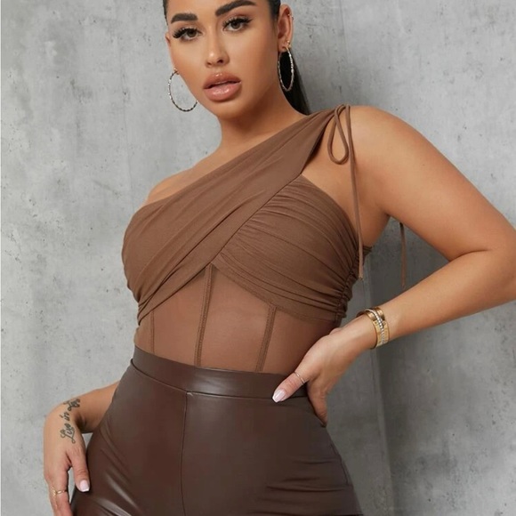 Corset One Shoulder Bodysuit Sheer with ties - Picture 2 of 7